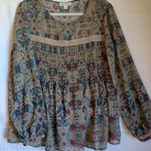 Vintage America Wmn's Tunic Top-teal navy Red, floral, smocked, Semi-sheer Boho